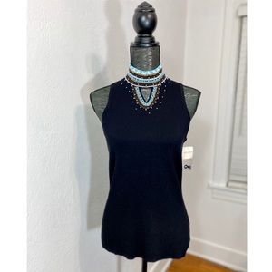 Christine Phillipe D'Image Black Silk Sweater Beaded Peekaboo Snap Turtleneck XL